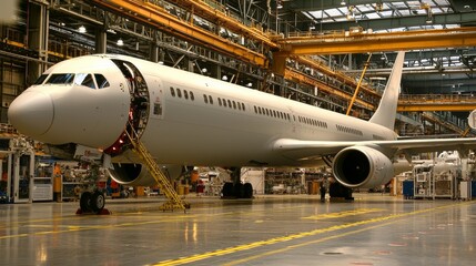 Large aircraft under maintenance in a spacious, brightly lit hangar Created with Generative AI.