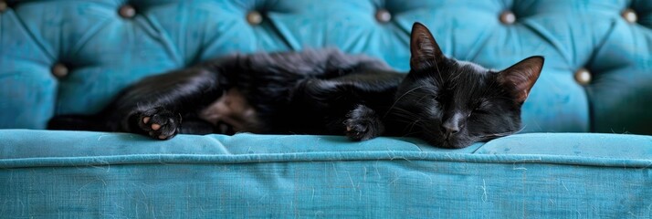 Canvas Print - Resting Black Cat on a Blue Couch