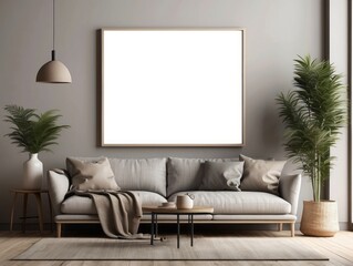 Wall Mural - Minimalist Living Room with a Grey Sofa, Coffee Table, and Large Framed Artwork