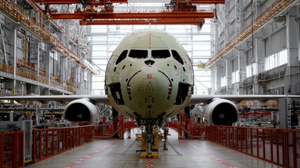 Large aircraft under construction in an industrial hangar Created with Generative AI.