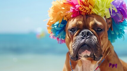 Wall Mural - A closeup of a brown bulldog sporting a colorful hat and a happy birthday in front of the ocean