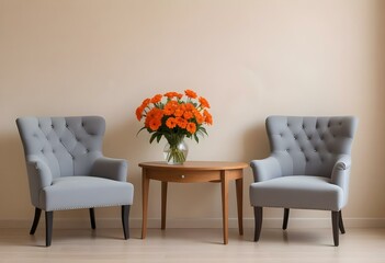 Two gray armchairs with a small wooden table between them, a vase with orange flowers on the table, against a plain beige wall background.