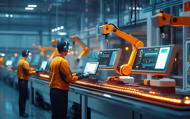 Poster - Factory workers, male and female, engaging with computer, augmented reality conveyor belt and robotic arms visual