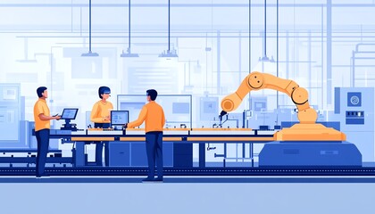 Fototapete - Factory workers, male and female, discussing with computer, augmented reality conveyor belt and robotic arms