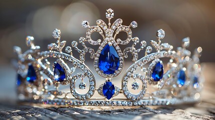 Wall Mural - Winner of a beauty pageant bridesmaids accessory at a wedding and a royal diadem fit for a queen idea with a silver tiara set with blue sapphire and diamond stones