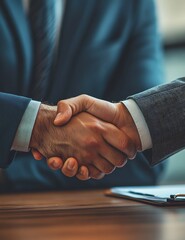 Wall Mural - Two businessmen shaking hands on a deal, signifying agreement, partnership, and success.