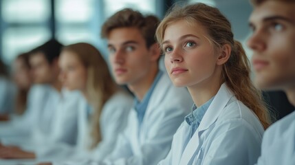 Poster - A group of people wearing white lab coats are sitting in a classroom
