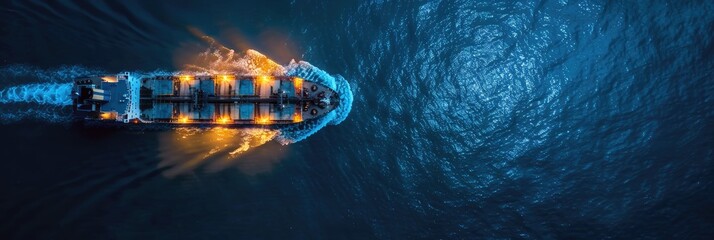 Wall Mural - Aerial view of a bulk cargo ship in the ocean during nighttime.