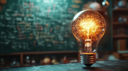 Poster - A light bulb is lit up in front of a chalkboard with equations and formulas