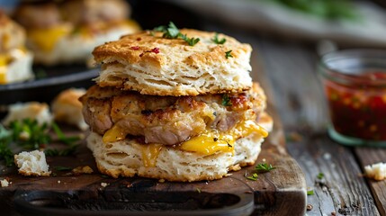 Yummy breakfast sandwich made with juicy pork and fluffy biscuits