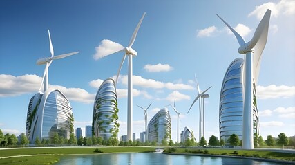 Futuristic wind turbines integrated into residential buildings demonstrate development in sustainable living and climate-friendly technologies.