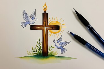 Wall Mural - Elegant Watercolor Cross Dove and Light Illustration Representing Faith and Spirituality