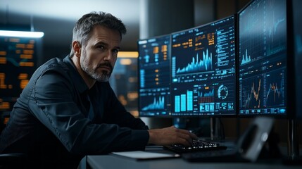Aufkleber - A man is sitting in front of three computer monitors