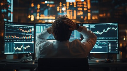 Aufkleber - A man is sitting in front of a computer monitor with his head down