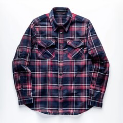 A blue and red plaid flannel shirt with long sleeves, two chest pockets, and a button-down collar, laid flat on a white background.