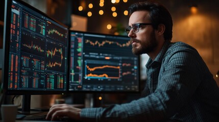 Aufkleber - A man is sitting in front of two computer monitors