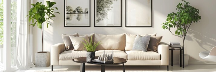 Sticker - Gallery posters displayed on a white wall in a living room featuring a beige sofa, ficus plant, and black table.