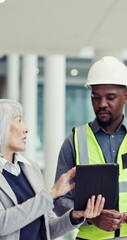 Poster - Office, meeting and business people with tablet for architecture, discussion and planning for project. Career, mature client and architect with digital for building design, check online and feedback
