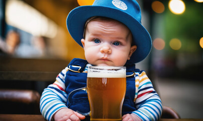 A baby wearing a blue hat holds a glass of beer while sitting at a table outdoors