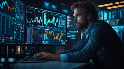 Aufkleber - A man is sitting in front of three computer monitors