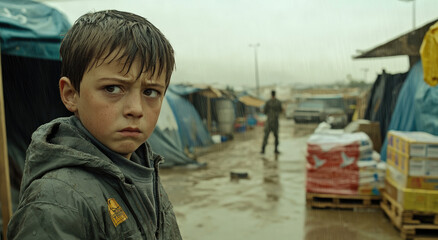 A child with gray eyes in the background of an idyllic, well-organized, and clean tent camp for displaced people during a war