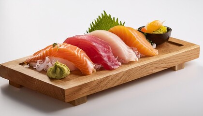 Sashimi on wood with white background isolated