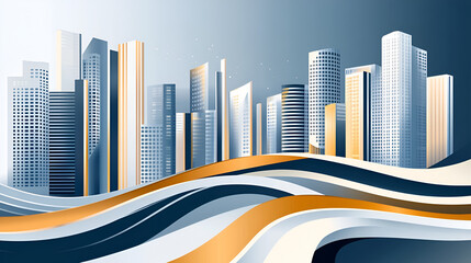 Wall Mural - Modern Cityscape with Abstract Waves - Perfect for Business and Technology Designs