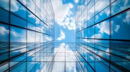 Poster - sleek and striking glass skyscraper with dramatic sky reflection providing ample copy space for comm