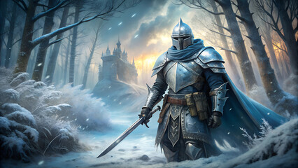 Medieval Knight with Sword and Shield in the Dark Frozen Forest.