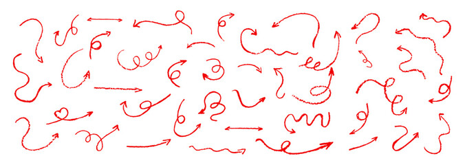 Poster - Set of children hand drawn crayon arrows. Collection of abstract red color pastel curved pointers. Fun wax chalk vector pointers pointing in various directions. Simple design elements of complex path.