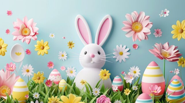 Vector Illustration of Happy Easter Holiday with Flower, Painted Egg and Rabbit Ears on Colorful Background.