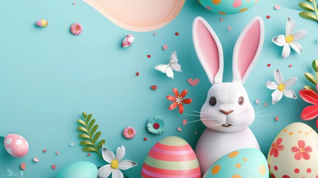Vector Illustration of Happy Easter Holiday with Flower, Painted Egg and Rabbit Ears on Colorful Background.