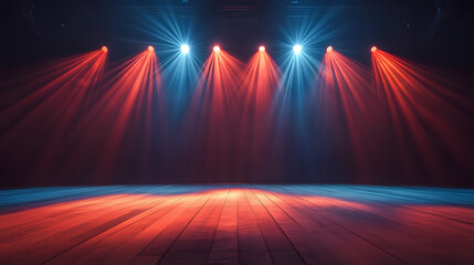 Wall Mural - A dark stage with wooden floor illuminated by five spotlights. The beams are mostly red, with some blue spotlights in the background.