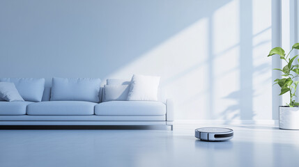 Robot vacuum cleaning a minimalist living room with a modern sofa, bright natural light, and green houseplant