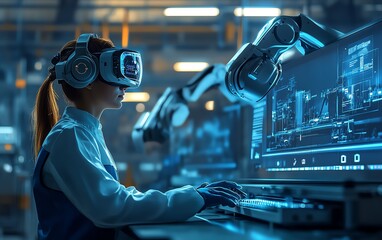Poster - Male and female in electronics factory, using computer, augmented reality showing conveyor belt and robot arms