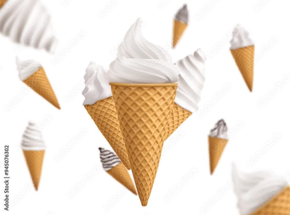 Ice cream in waffle cones pattern on white background. Vector realistic ...