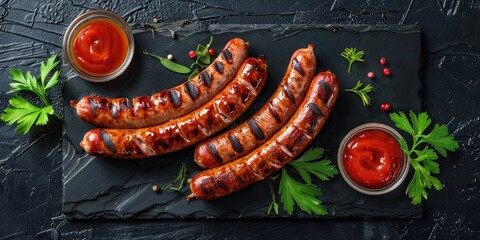 Poster - Sausages cooked over a grill presented on a stone platter alongside two hot dogs.