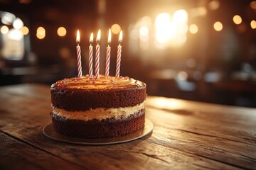 A rustic cake with candles in a cozy candlelit setting capturing the warmth charm and simplicity of a homemade celebration with a touch of elegance