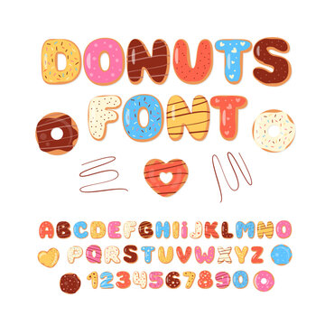 Donuts Font. Sweet Dessert Alphabet. Doughnut Cookies Letters and Numbers.
