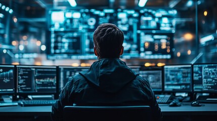 Aufkleber - A man is sitting in front of a computer monitor with several screens