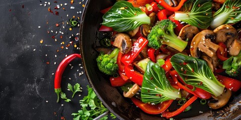 Sticker - Stir-fried dish featuring fresh red bell peppers, bok choy, cabbage, and mushrooms cooked in a skillet.