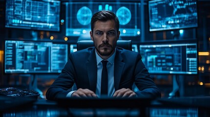 Aufkleber - A man in a suit is sitting at a computer with a serious expression on his face