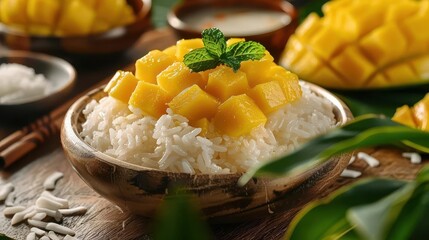 A delicious bowl of sticky rice topped with sweet mango, garnished with mint for a tropical dessert experience.