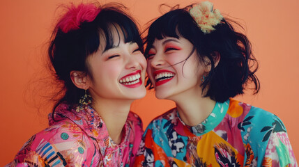 Two Chinese women with black hair, laughing together while wearing quirky, patterned