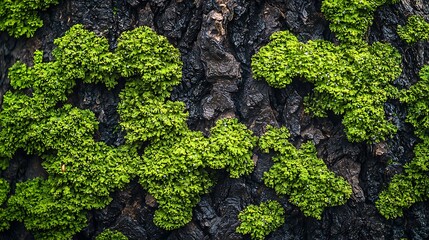 Lush green moss thrives on the rough texture of tree bark.