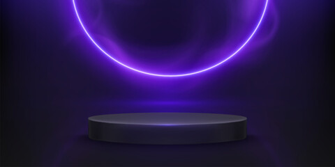 Wall Mural - Round podium and neon circle on black background. Vector realistic illustration of dark showroom with high tech product presentation platform, purple light in cloud of smoke, night club banner