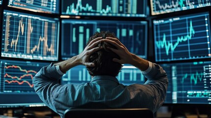Poster - A man is sitting in front of a computer monitor with his hands on his head