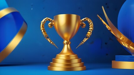 Blue background, business and competition concept, golden trophy and streamers. Generative AI