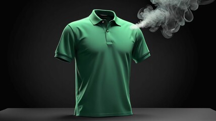 Mock up 3D green polo shirt on a black background podium with light smoke