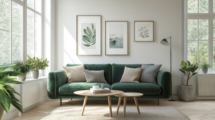 Aufkleber - A living room with a green couch, a coffee table, and a potted plant